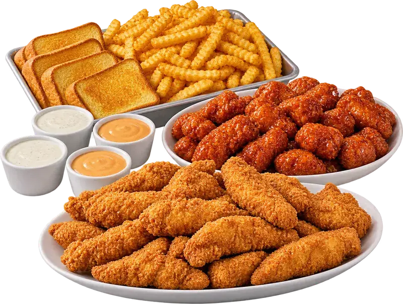 Family pack with chicken fingers, sauced boneless wings, crinkle fries, Texas toast and dipping sauces (illustrative photo)