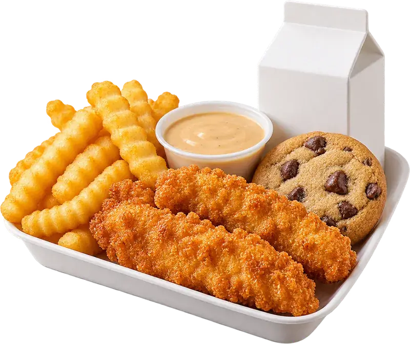 Kids meal tray with two chicken fingers, crinkle fries, dipping sauce, a cookie and a milk carton (illustrative photo)