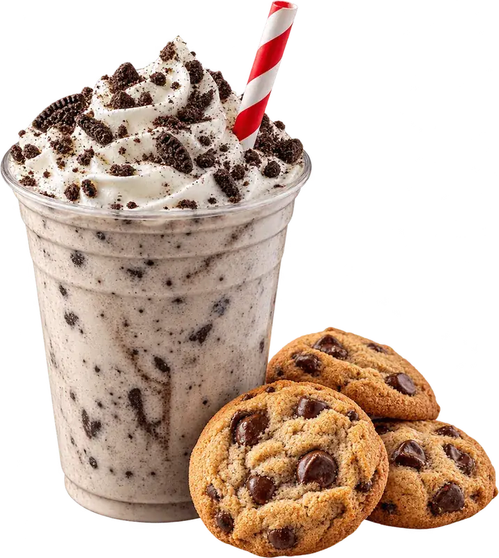 Cookies and cream milkshake with whipped cream next to chocolate chip cookies (illustrative photo)